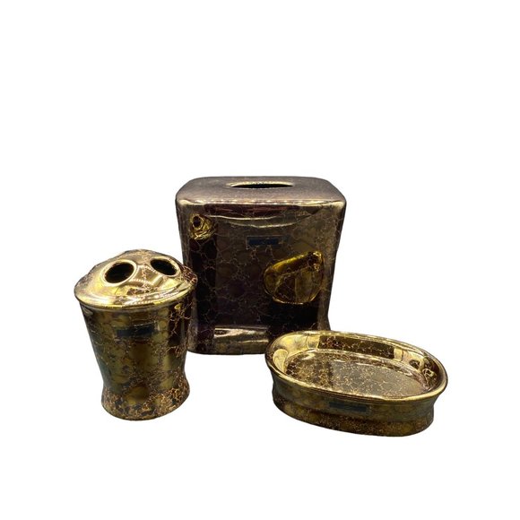 Joseph Abboud Bronze Ceramic Bathroom Set Tissue Cover Soap Dish Toothbrush Hold - Picture 1 of 16